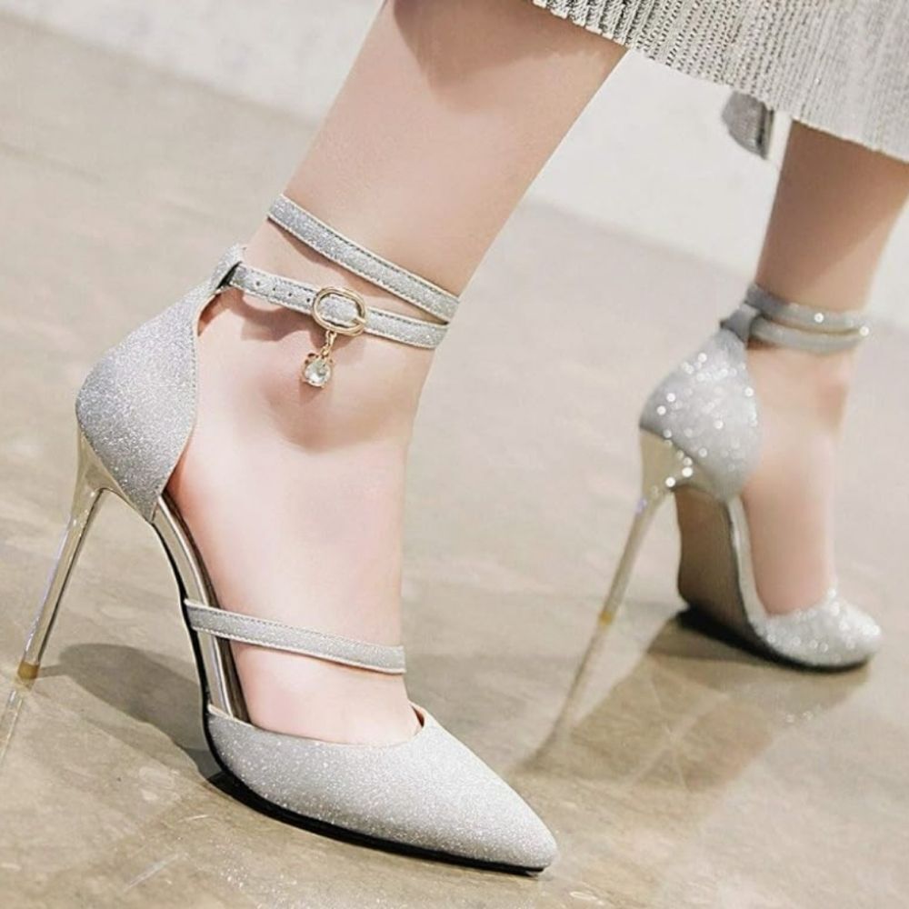 CALL IT SPRING  SILVER GLITTER HIGH HEEL POINTED TOE ANKLE STRAP PUMP
